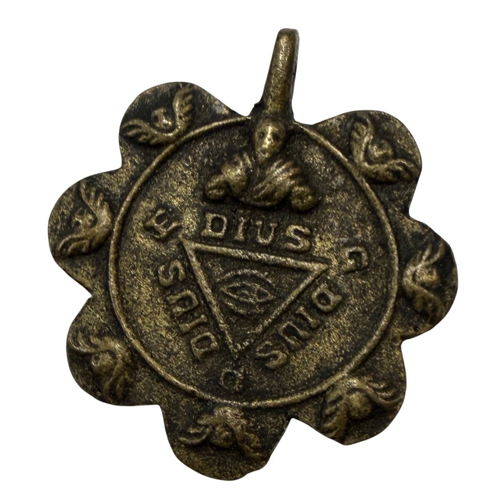 Vintage Bronze Tone Eye of Providence Dius Triangle Cherub Scalloped Pendant
